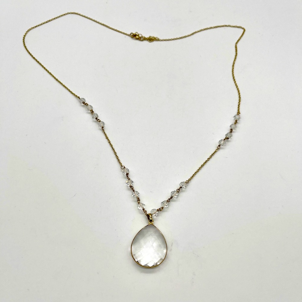 Long Necklace Chain Gold Tone w/ Crystals Pendant